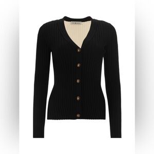 Tory Burch Black Ribbed Cardigan with Cream Accents
